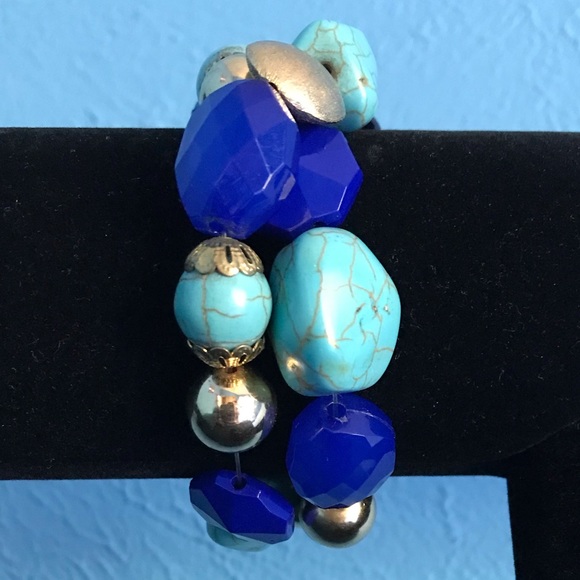 Jewelry - Blue Faux Turquoise Multi Beaded Stretch Bracelet Aqua Gold Cobalt Expandable